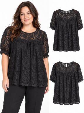 Shannon Ford New York 3X Black Floral Lace Ruffle Sleeve Top